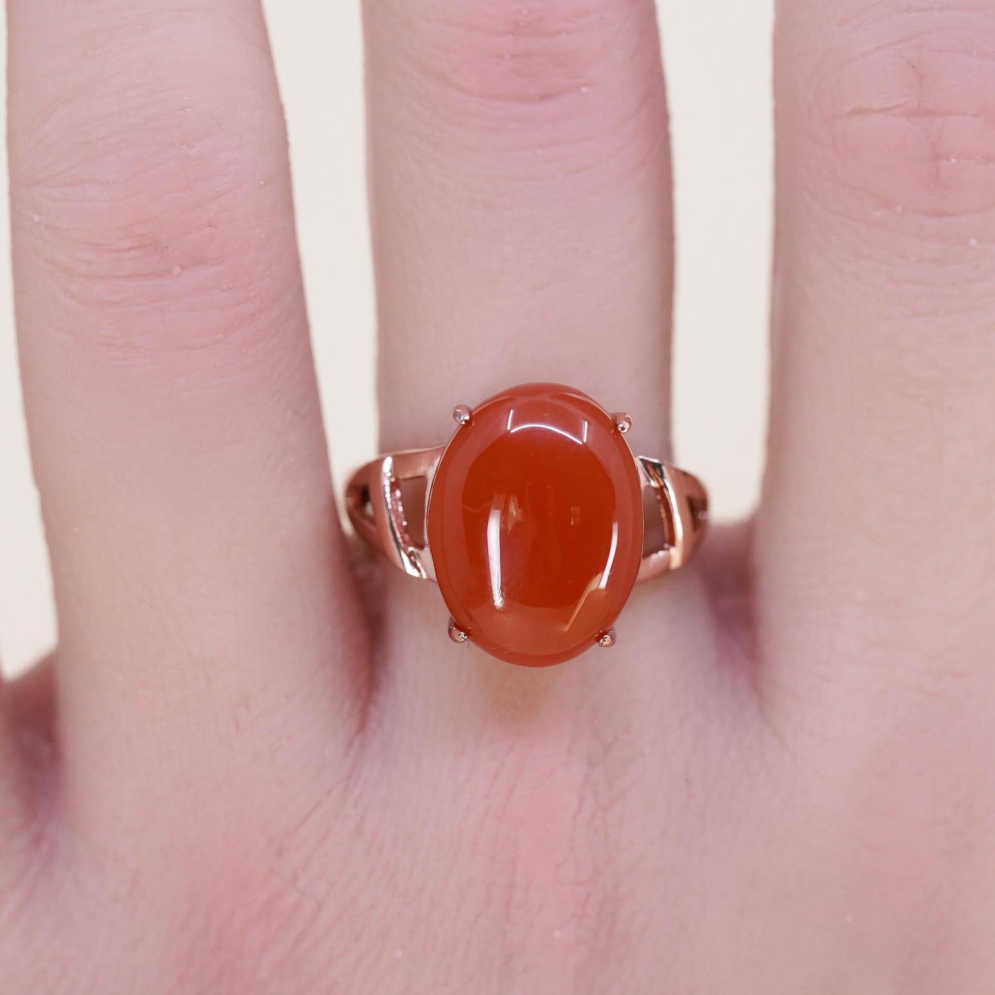 Size adjustable, Vermeil rose gold Sterling 925 silver cocktail ring carnelian