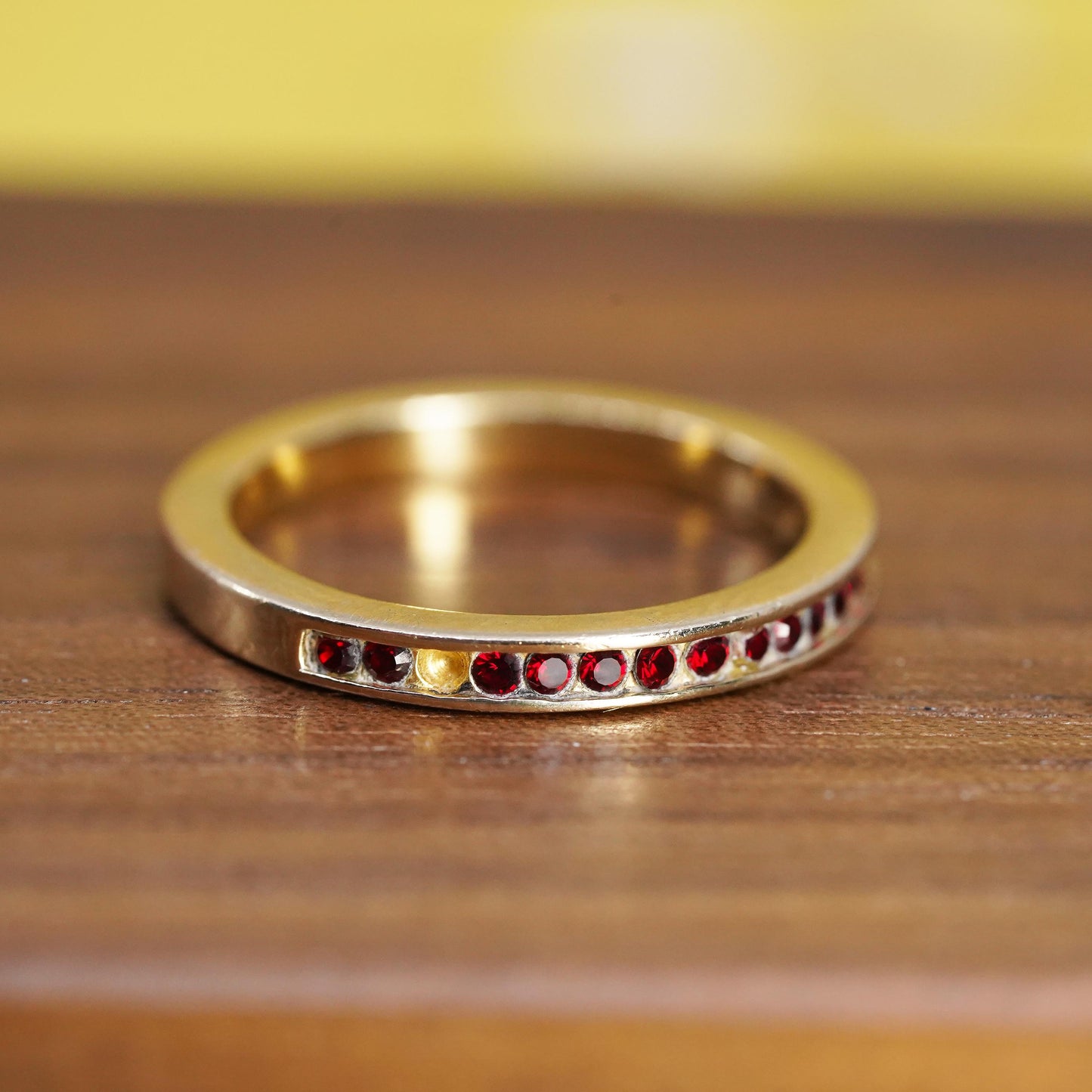 Size 7.75, vermeil gold over Sterling silver ring, 925 stackable band red cz