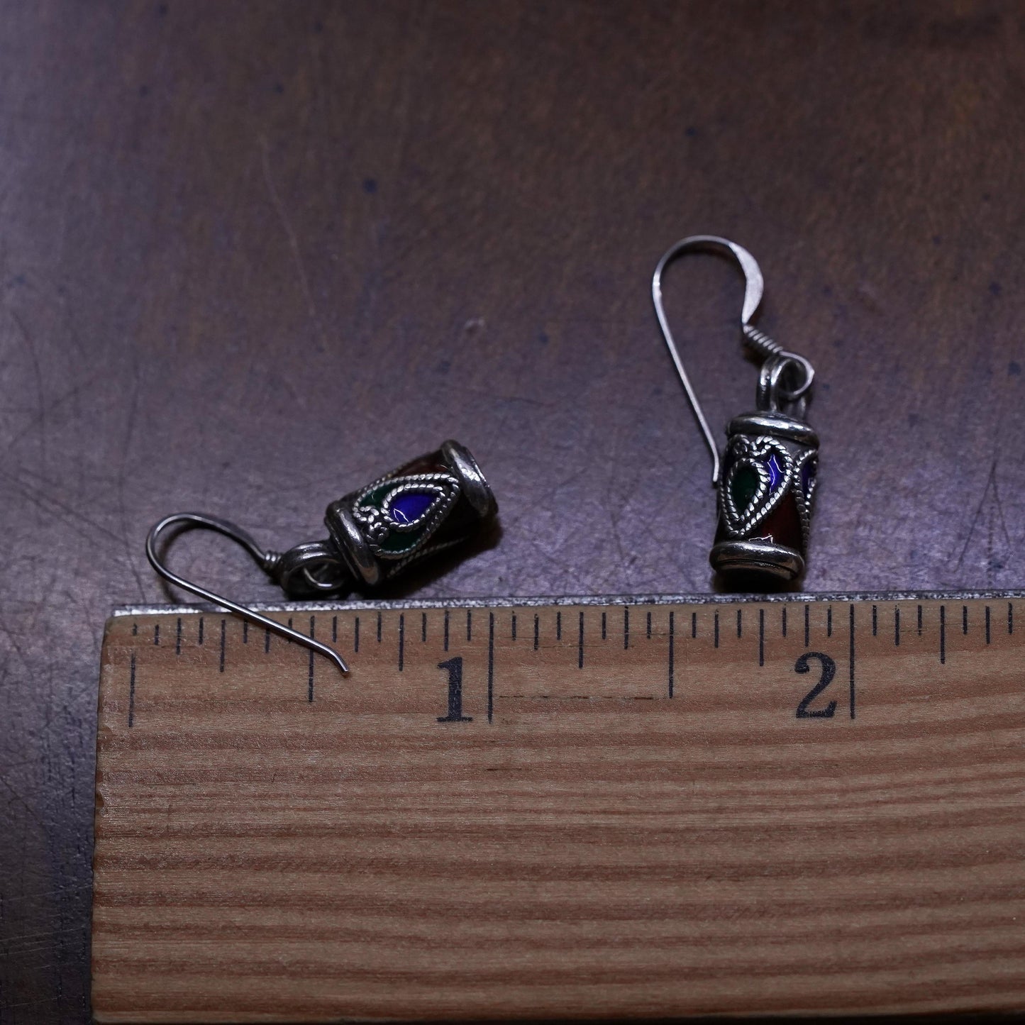 Vintage sterling silver handmade earrings, 925 tube with enamel