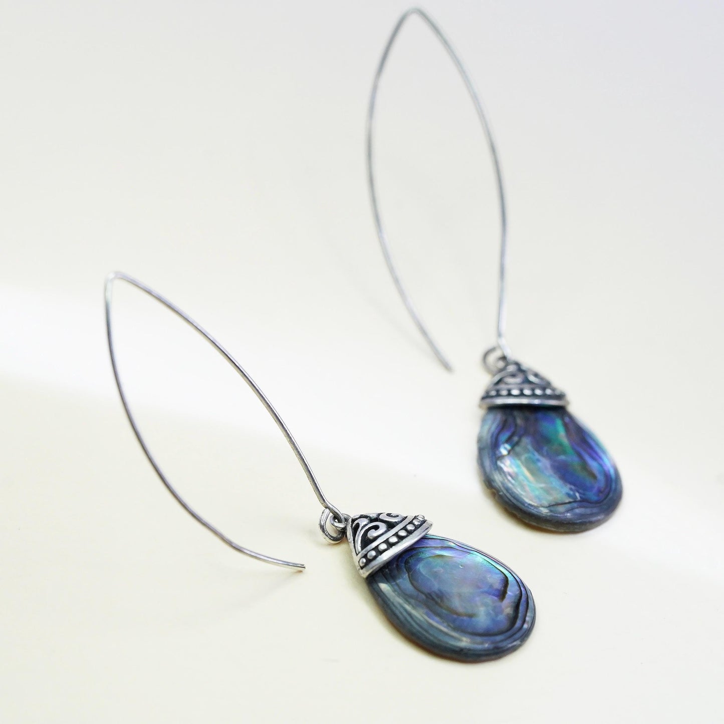 Vintage Thailand FD sterling 925 silver handmade teardrop earrings with abalone