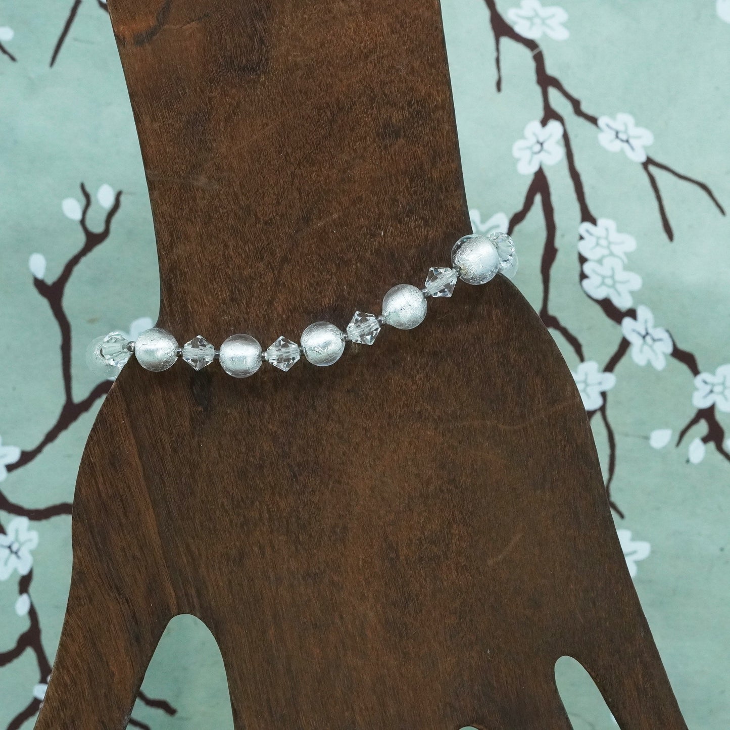 7+1”, lucky clover 925 Sterling silver beads bracelet white artisan glass beads