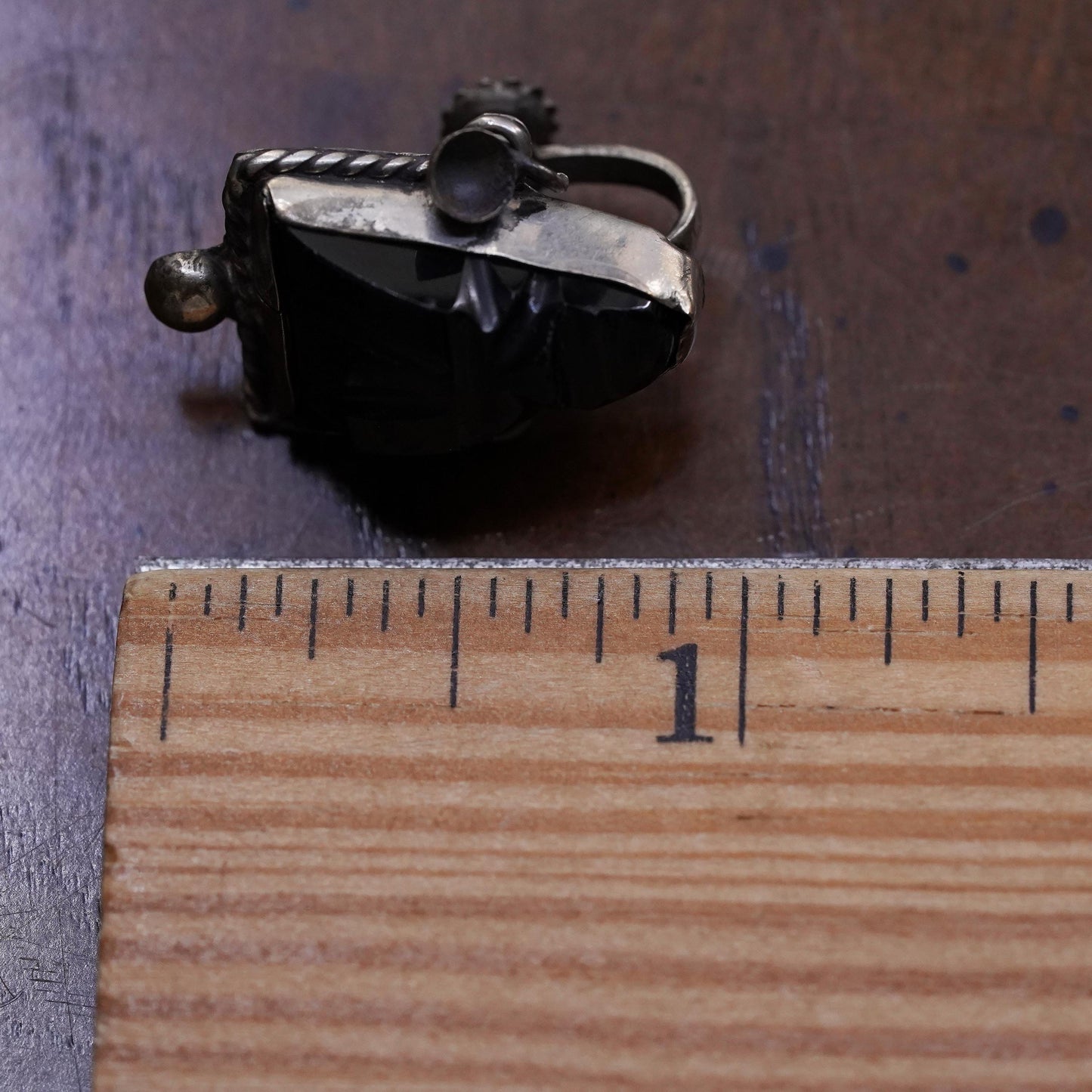 Mexican sterling silver single earring, 925 screw back Carved Warrior Onyx