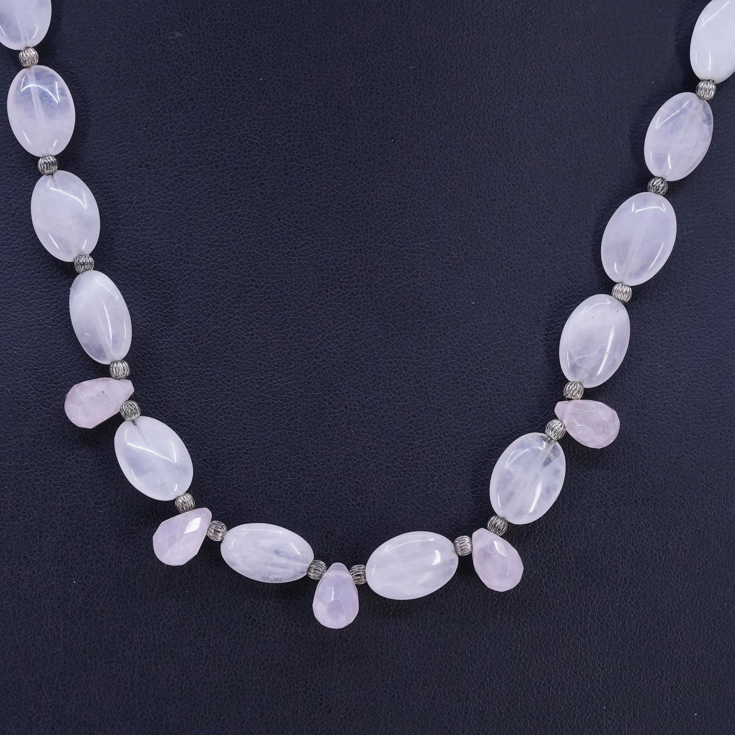 19", VTG Pink Quartz Beads necklace teardrop charms sterling 925 silver clasp