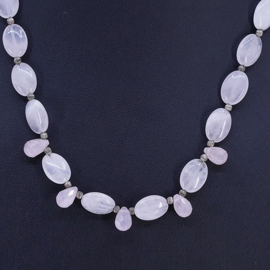 19", VTG Pink Quartz Beads necklace teardrop charms sterling 925 silver clasp