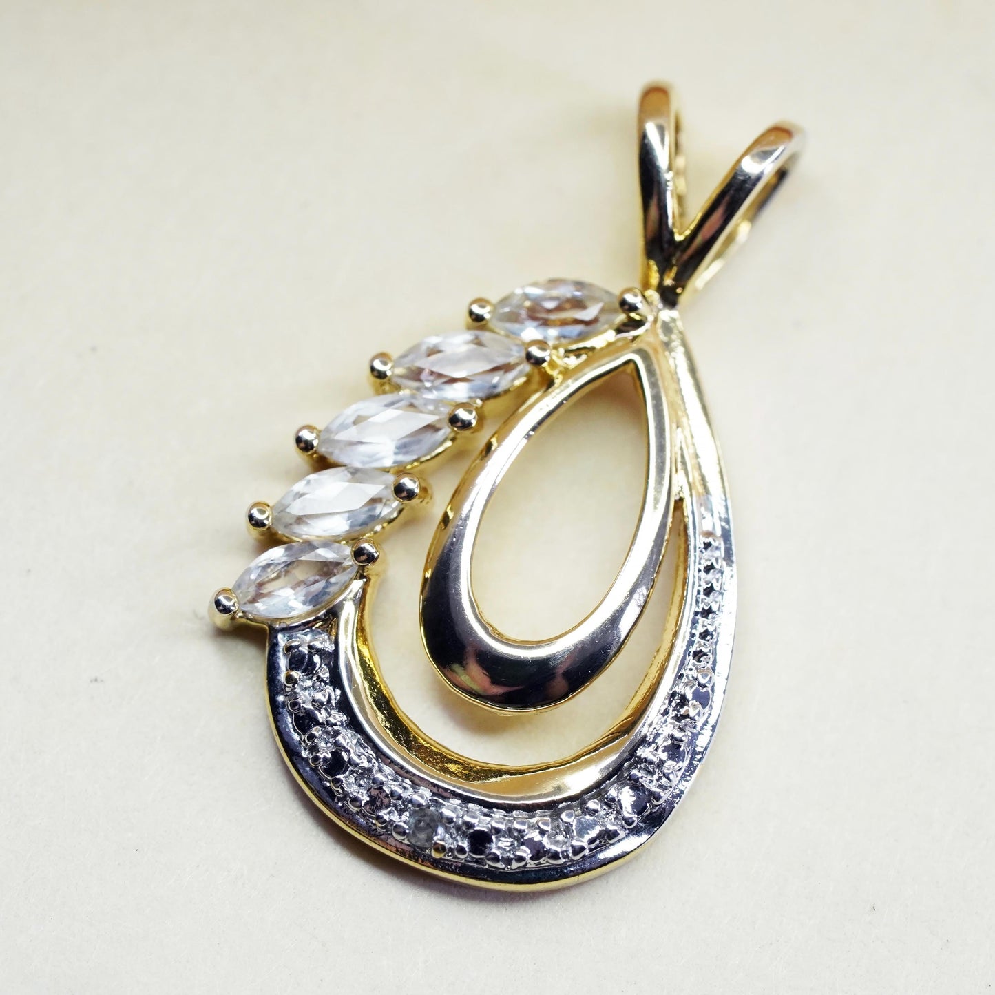 Gold over Sterling silver pendant, 925 teardrop pendant with cz details