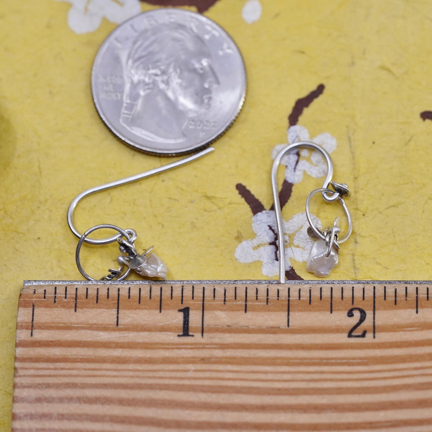 Vintage Sterling silver handmade earrings, 925 circle with pearl disc dangles