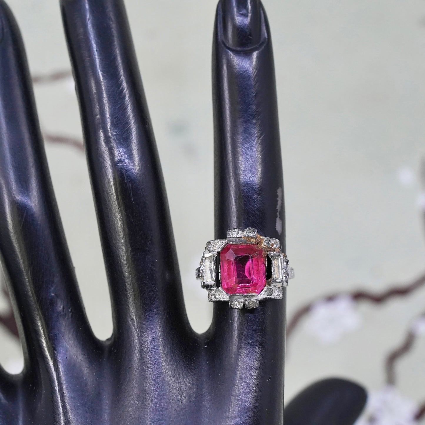 Size 5, 925 Sterling silver ring with pink Rhinestone, engagement ring