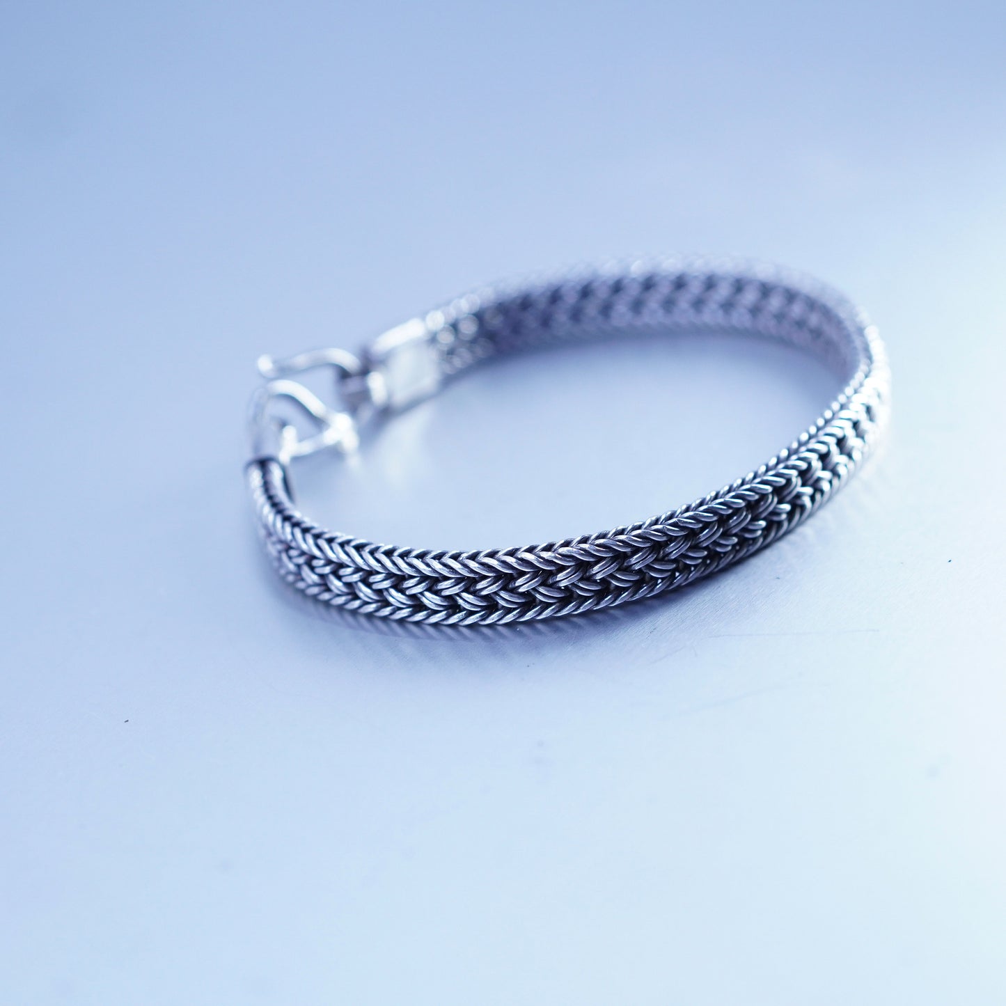 7.25”, vintage sterling 925 silver handmade bracelet, braided woven wheat chain