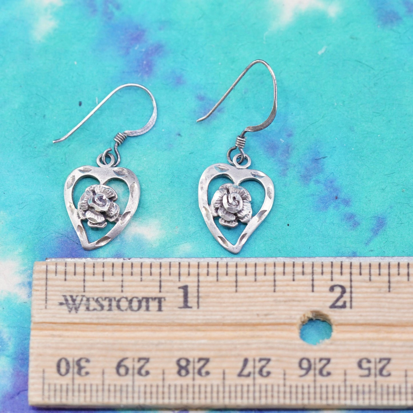 Vintage Sterling silver handmade earrings, 925 heart drops with rose flower
