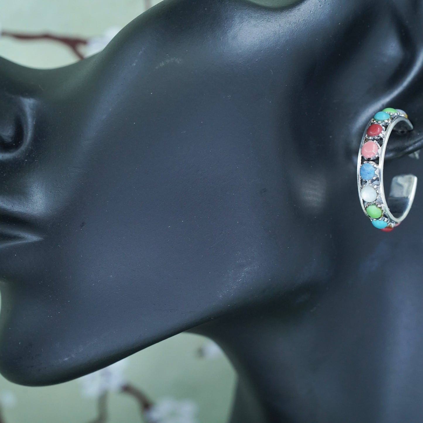1”, southwestern Sterling 925 silver huggie hoops earrings turquoise obsidian
