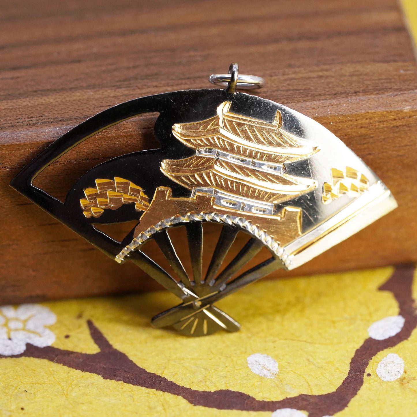 Japanese Fan Pendant Gold & Sterling 925 Silver, Traditional Landscape Scene