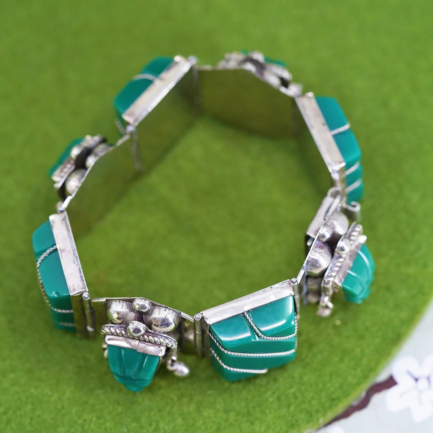 6.25", taxco vintage sterling silver bracelet, 925 cuff warrior face jade