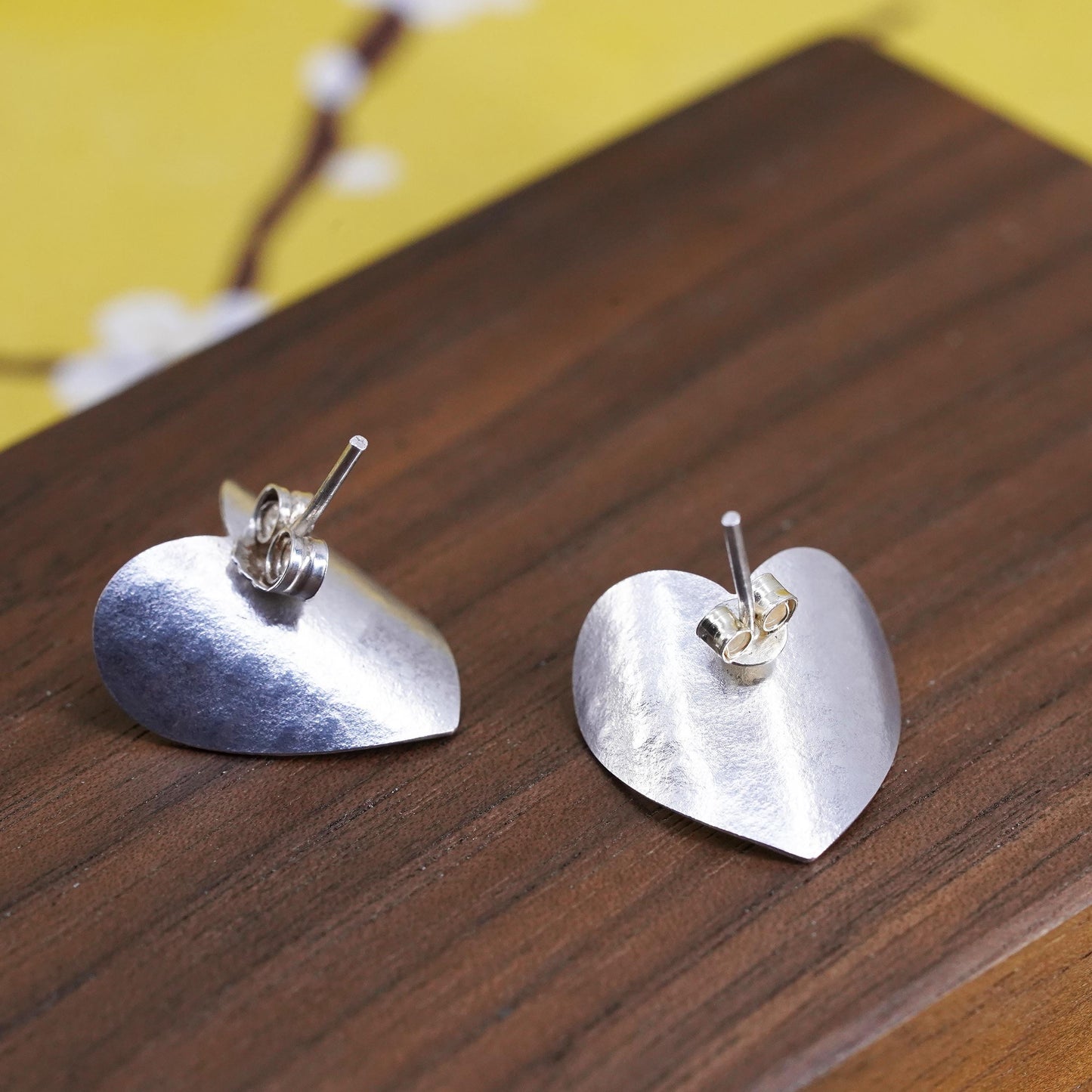 Vintage Sterling silver handmade earrings, textured 925 heart studs