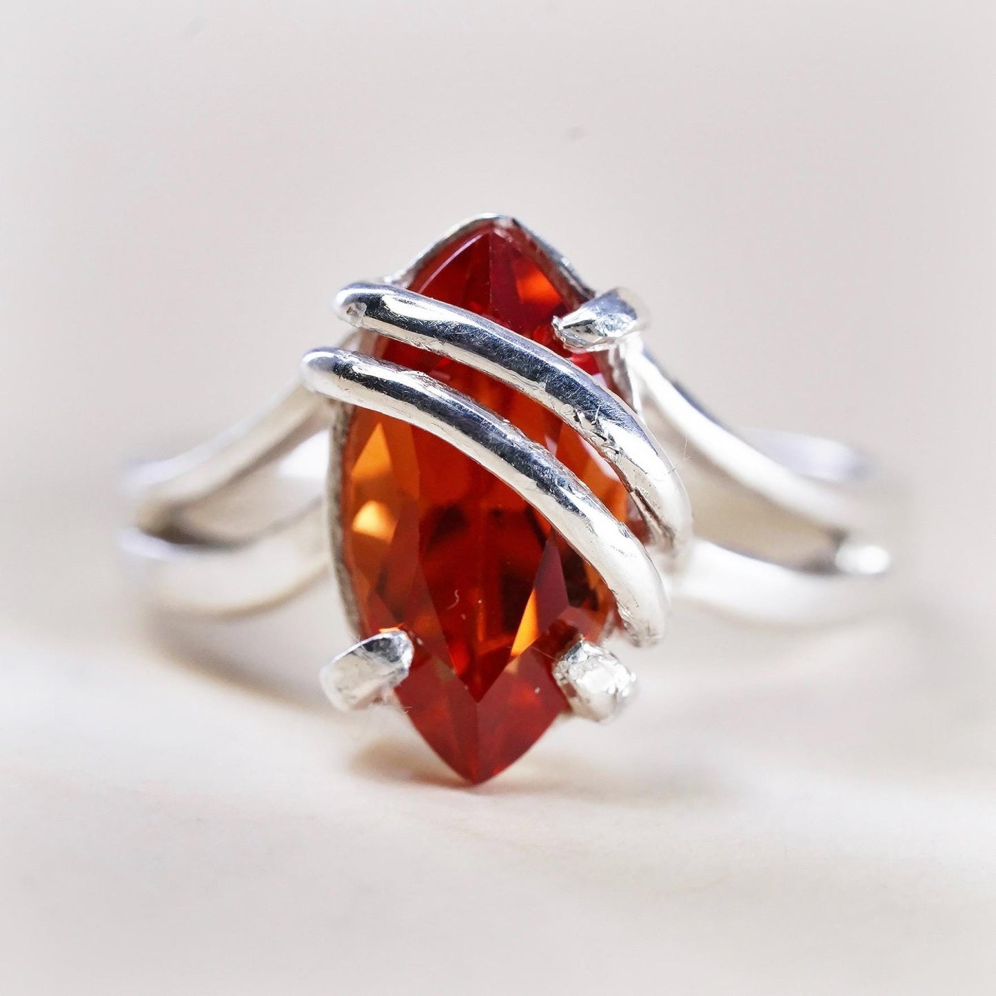 Size 5.75, VTG Sterling silver ring, ring, 925 silver Marquise orange crystal
