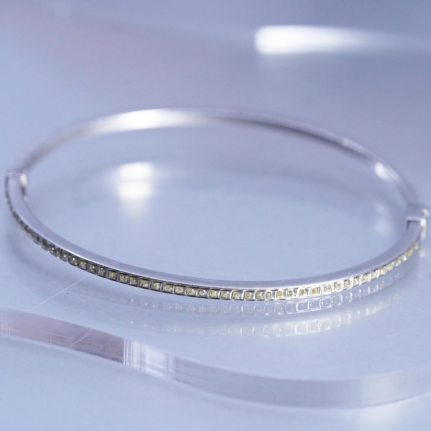 7", Italy Sterling 925 silver stackable bracelet, hinged bangle cluster citrine