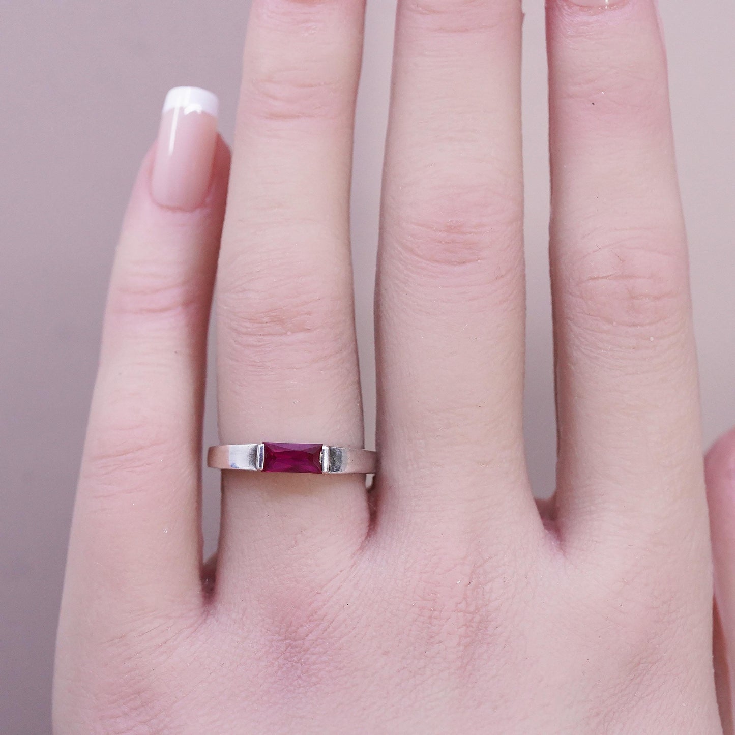 Size 7.25, vintage Sterling 925 silver handmade stackable ring with ruby inlay