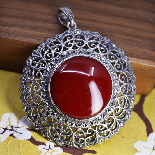 Vintage Sterling 925 silver filigree sun pendant red onyx cluster marcasite