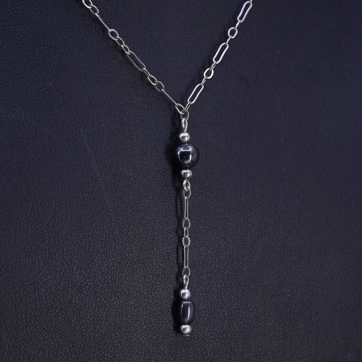 16", vintage Sterling silver necklace, 925 elongated chain hematite beads