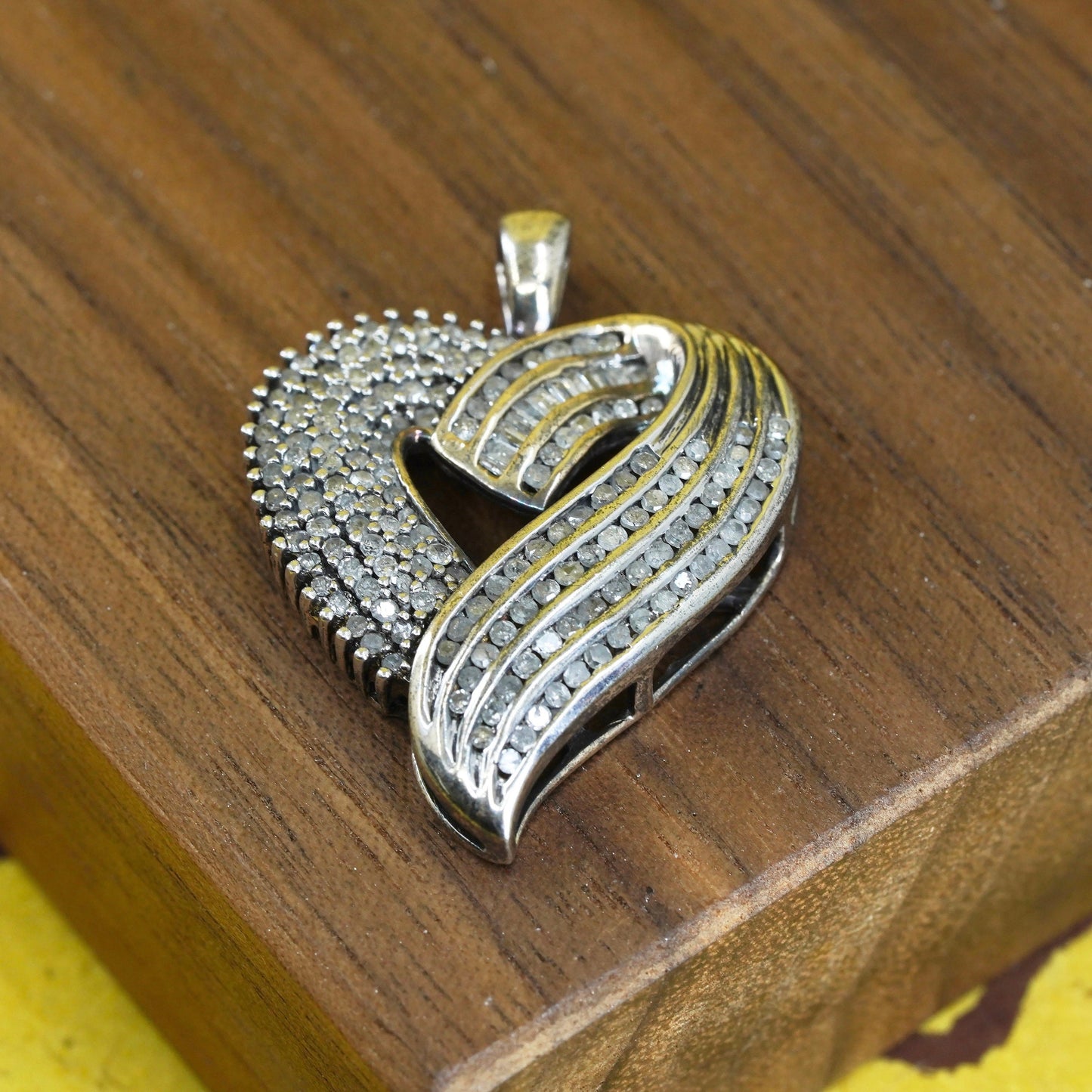 Vintage sterling silver pendant, 925 heart w/ 2 carats genuine cluster diamond