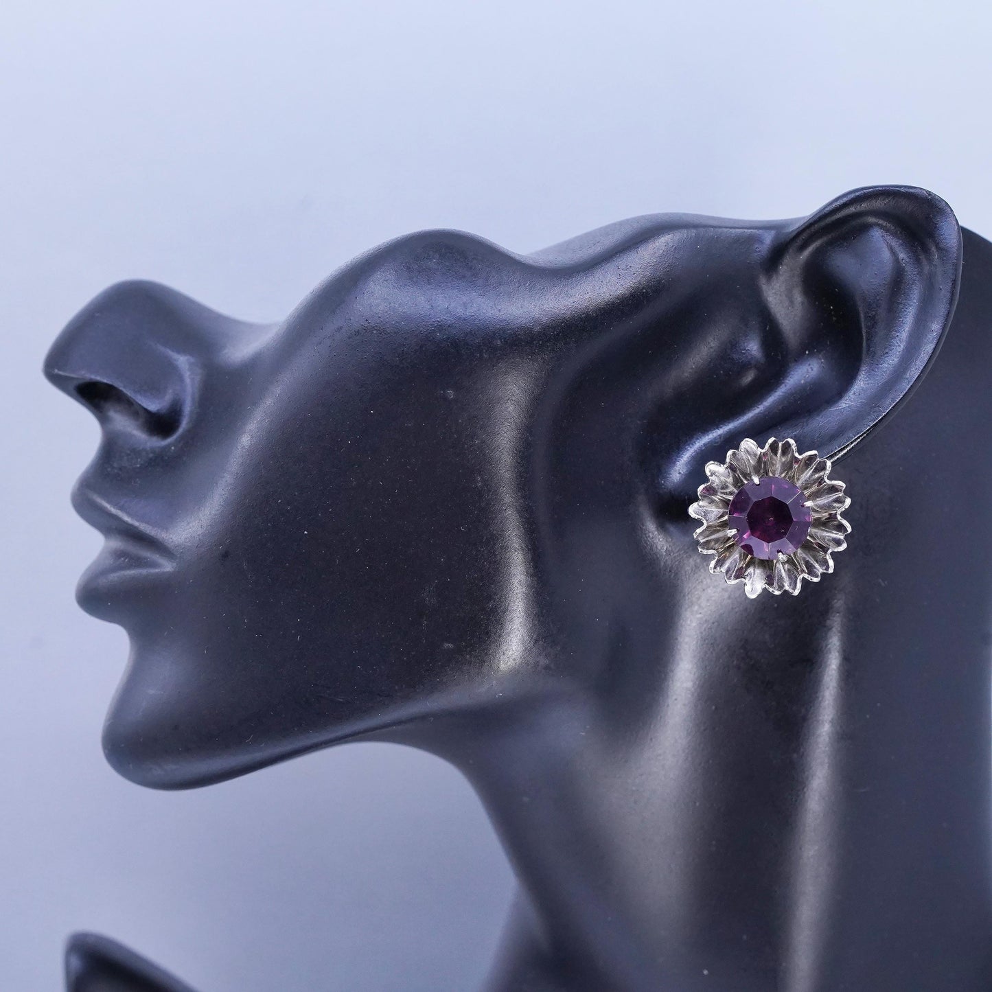 Vintage Sterling 925 silver handmade earrings, screw back flower with amethyst