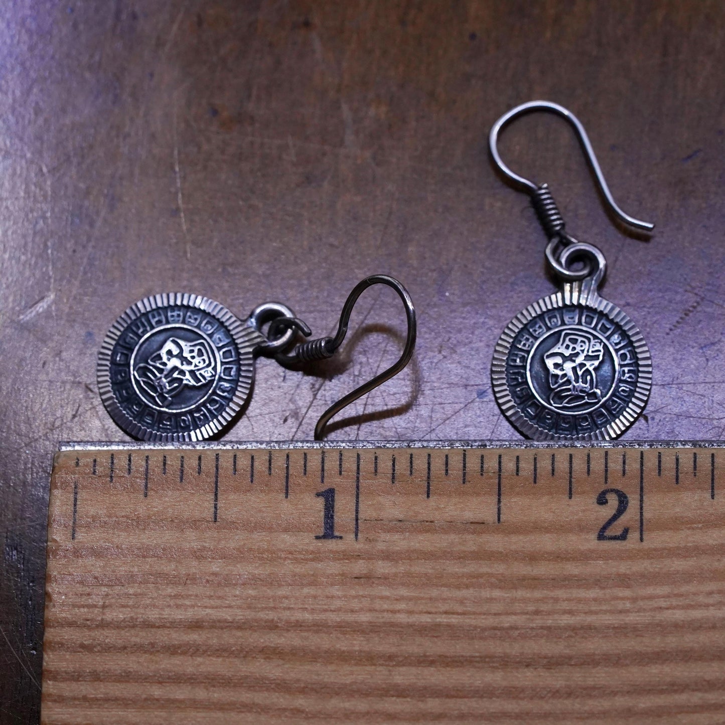 Vintage sterling silver handmade earrings, 925 circle with Mayan calendar