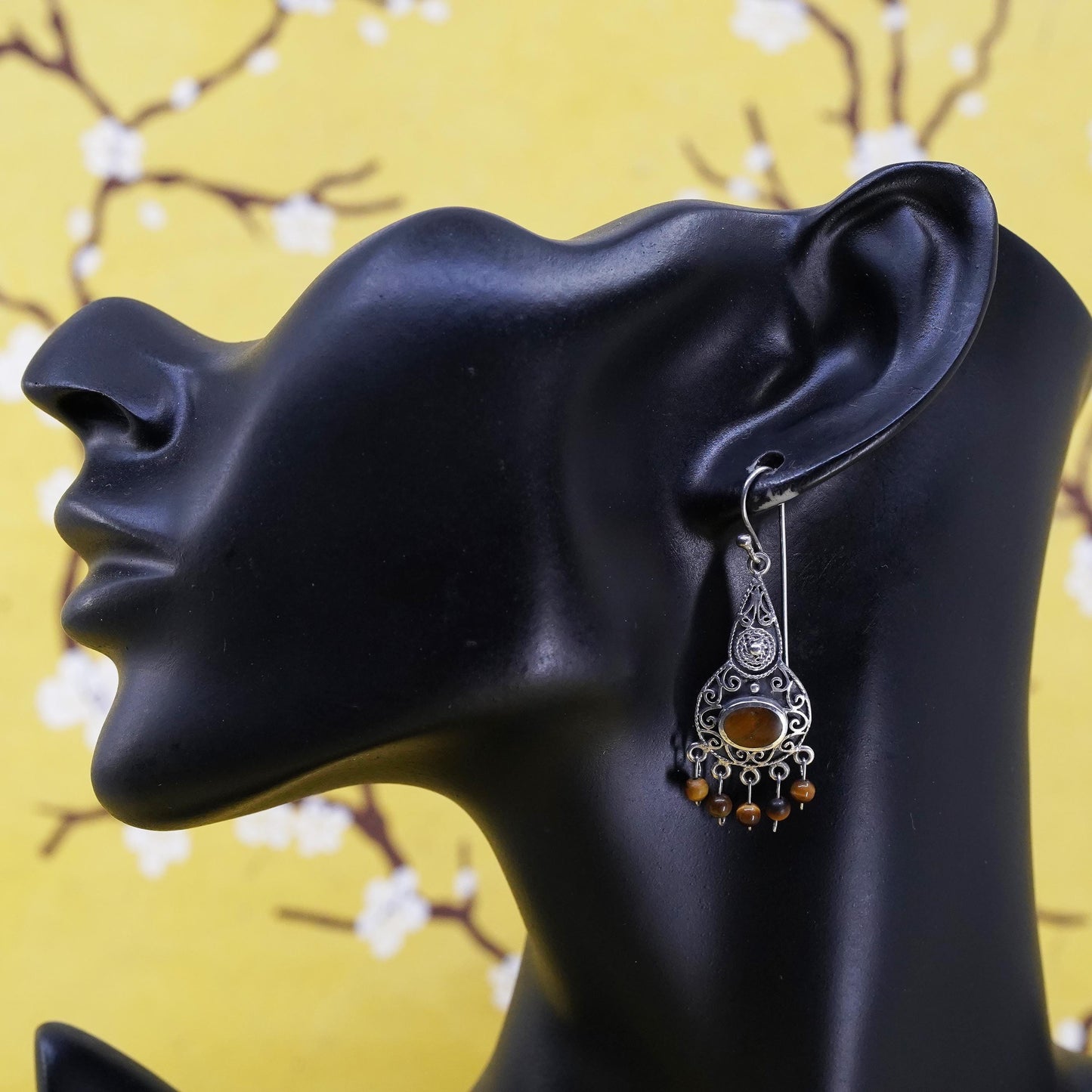 Sterling silver earrings, 925 filigree teardrop cluster golden tiger eye beads