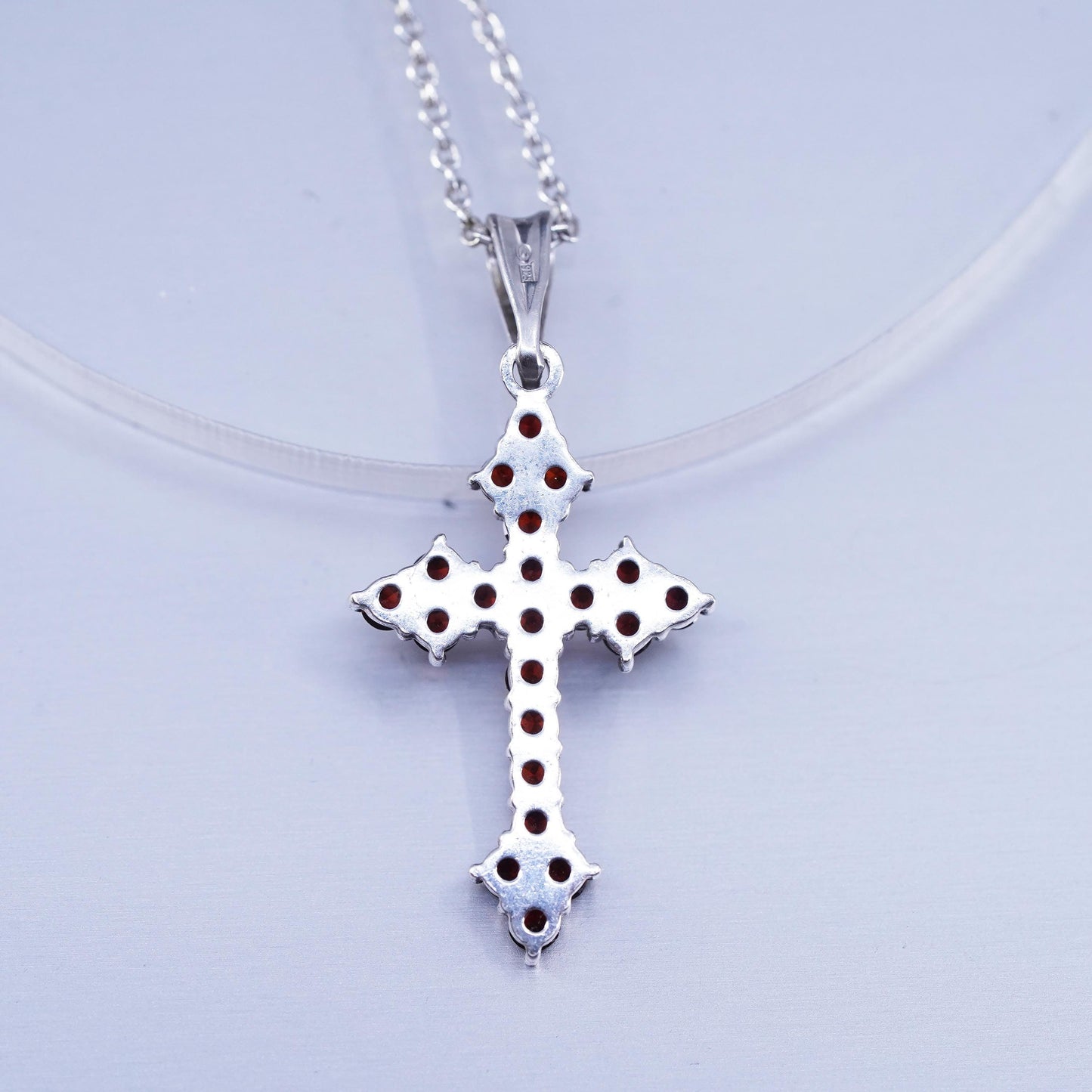 18”, vintage Sterling 925 silver circle necklace w/ cluster ruby cross pendant
