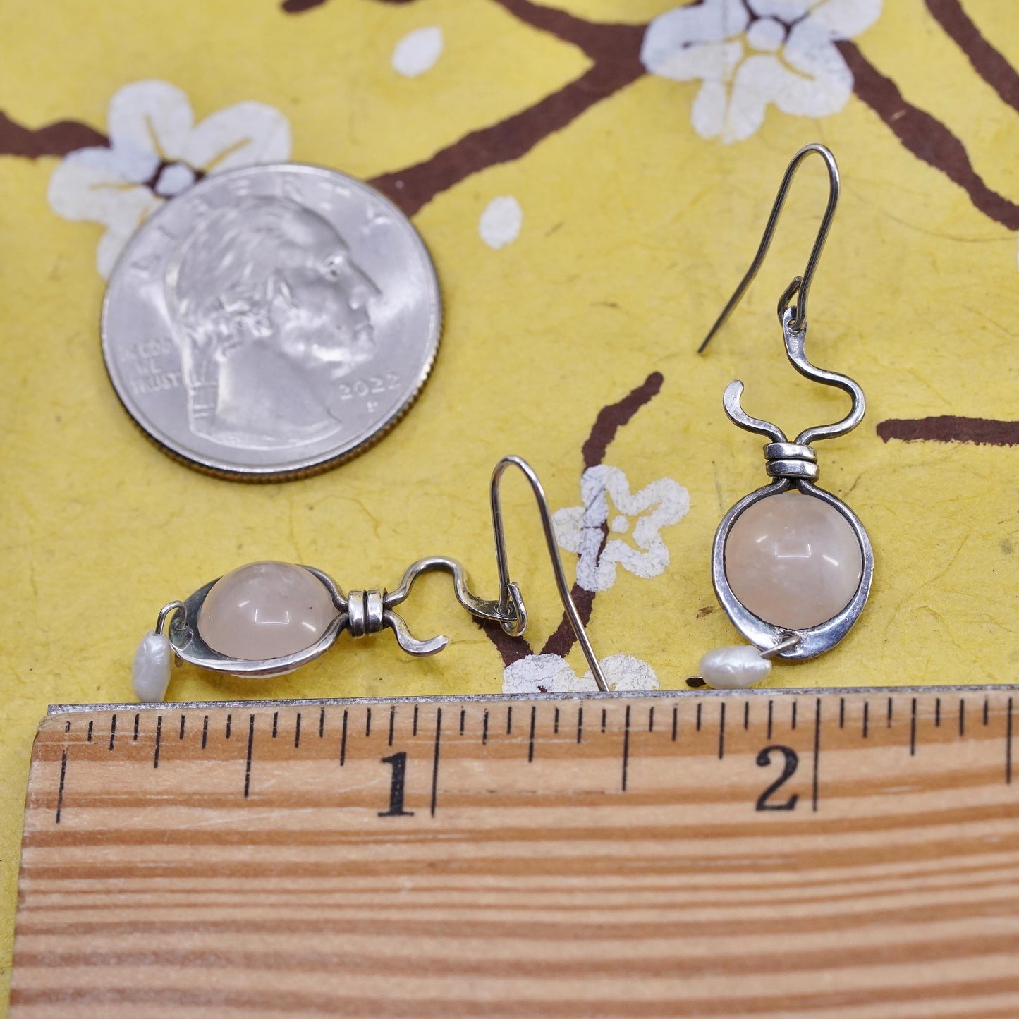 Vintage Sterling Silver Earrings, Pink Rose Quartz Pearl Drop, Handmade 925