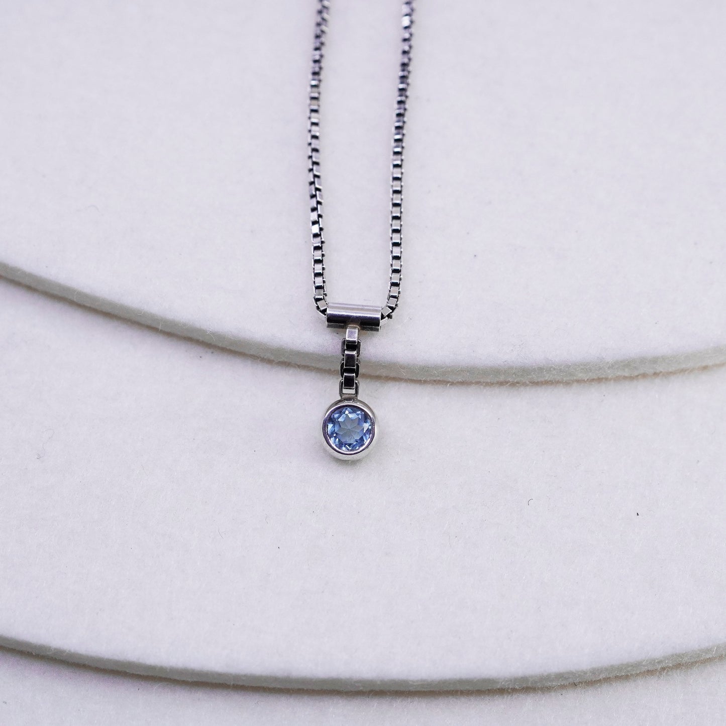 16”, vintage Sterling 925 silver box chain necklace with blue crystal pendant