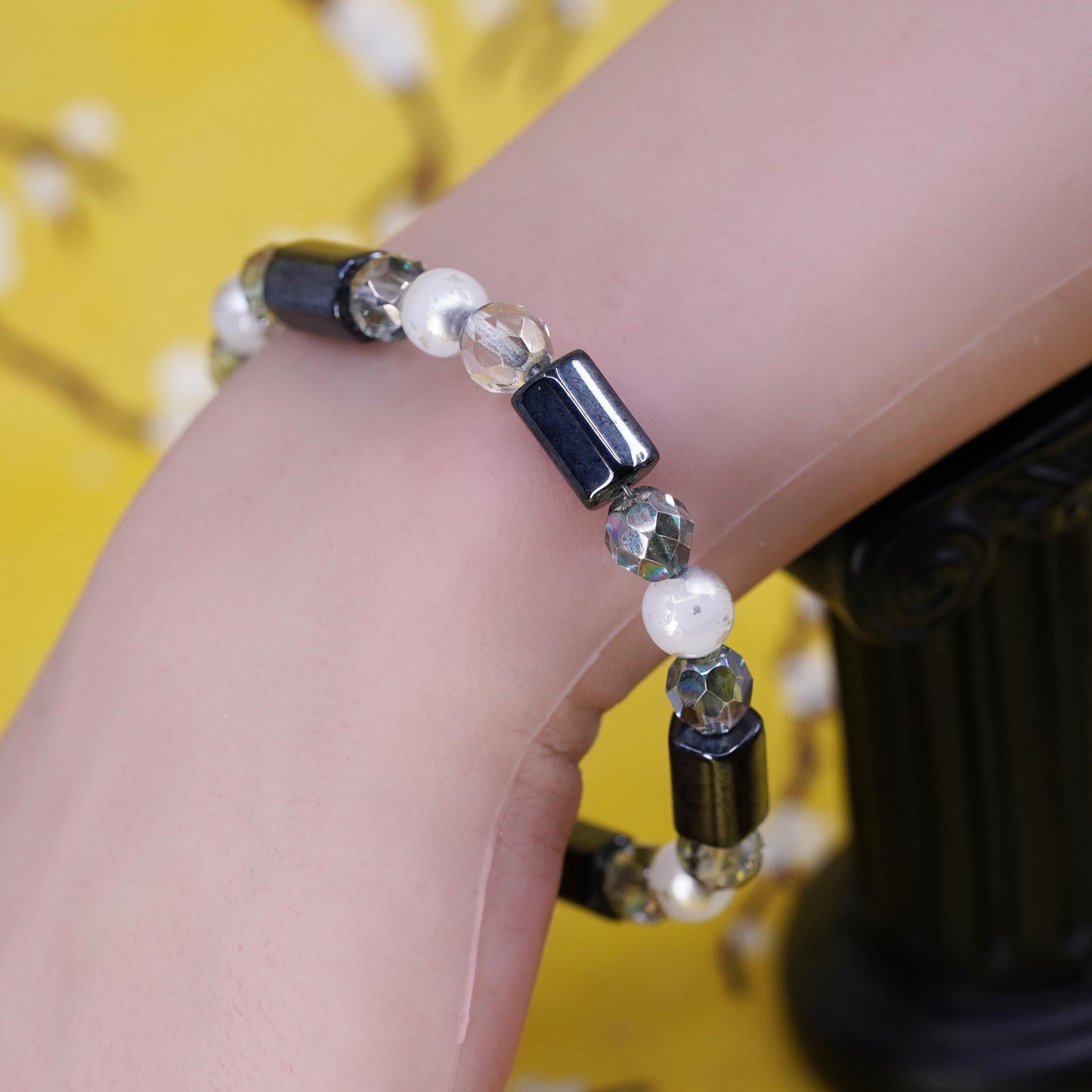 7.5” Vintage sterling 925 silver handmade bracelet with hematite crystal beads