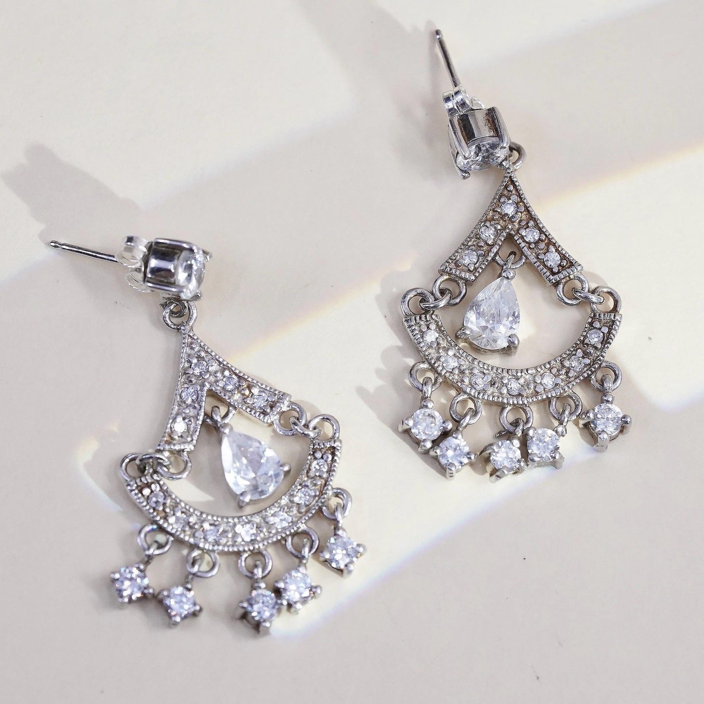925 Sterling Silver Cluster CZ Chandelier Earrings, Teardrop Wedding Dangles