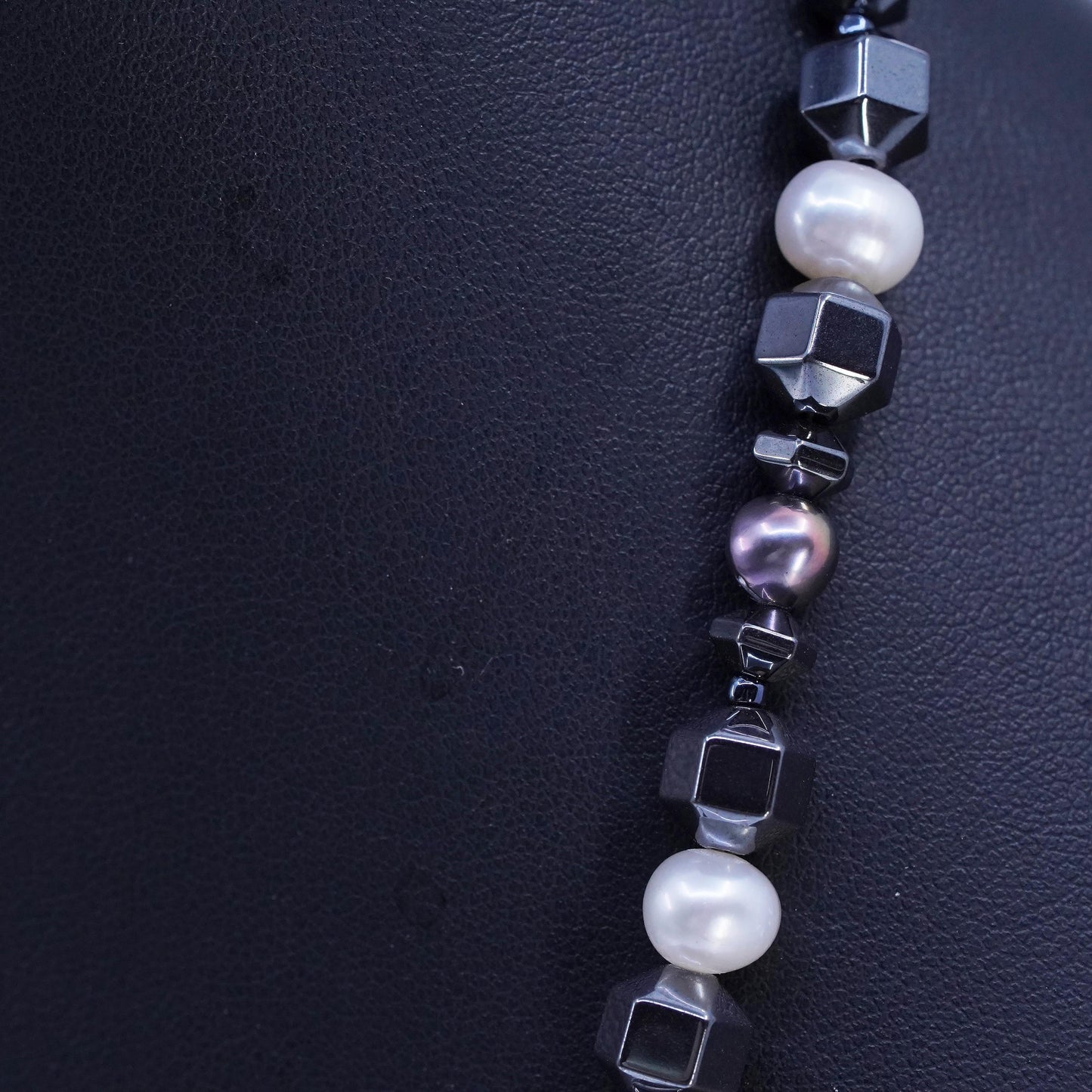 32”, Vintage Sterling 925 silver extra long necklace with hematite pearl beads