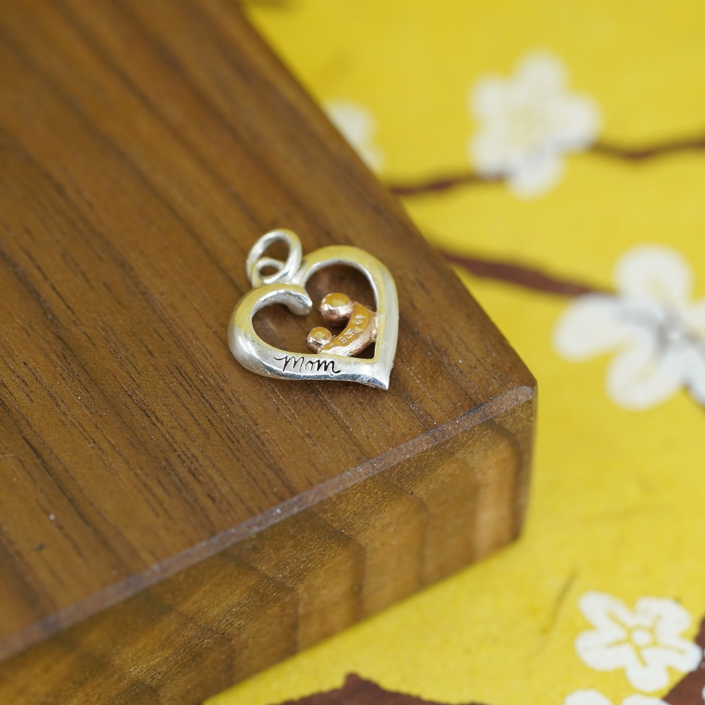 two tone sterling silver handmade heart Pendant, 925 parent baby, family, love