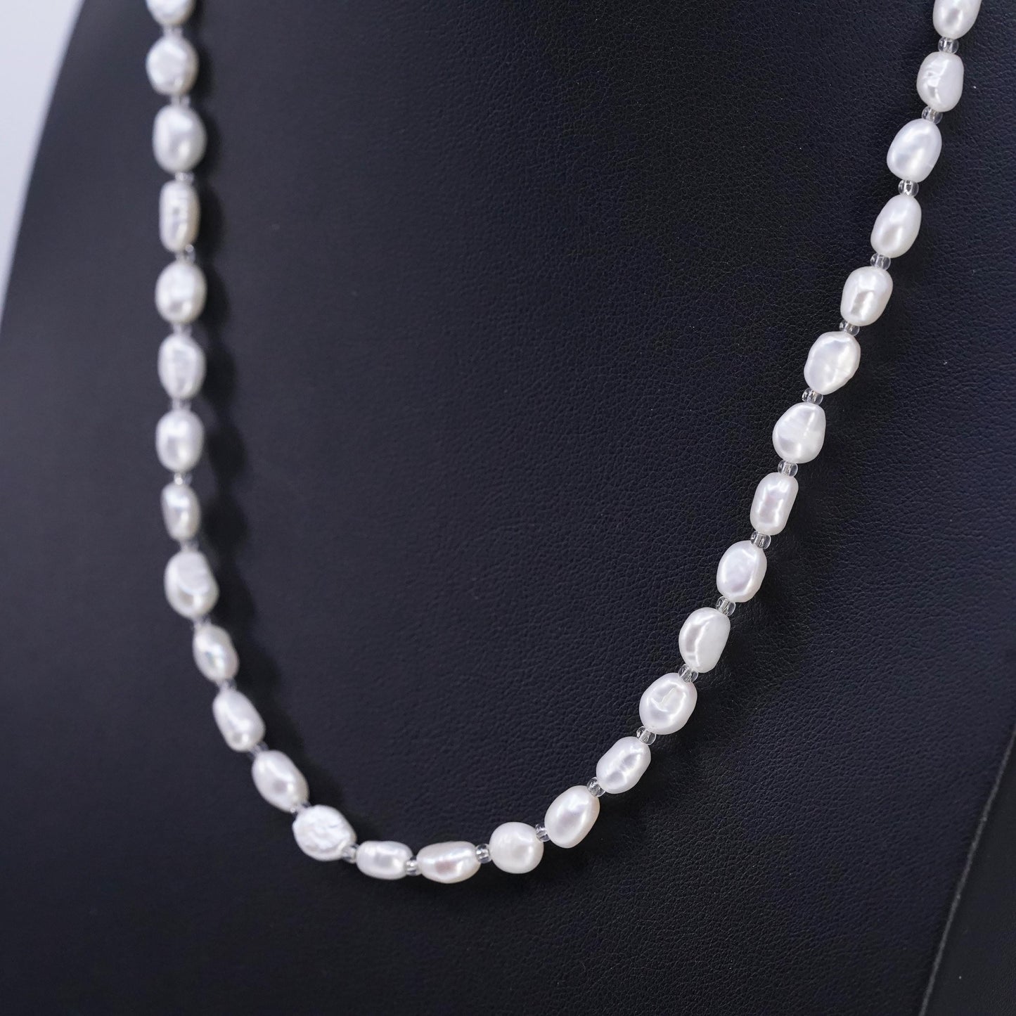 18", vintage sterling 925 silver necklace w/ 6mm freshwater baroque pearl beads