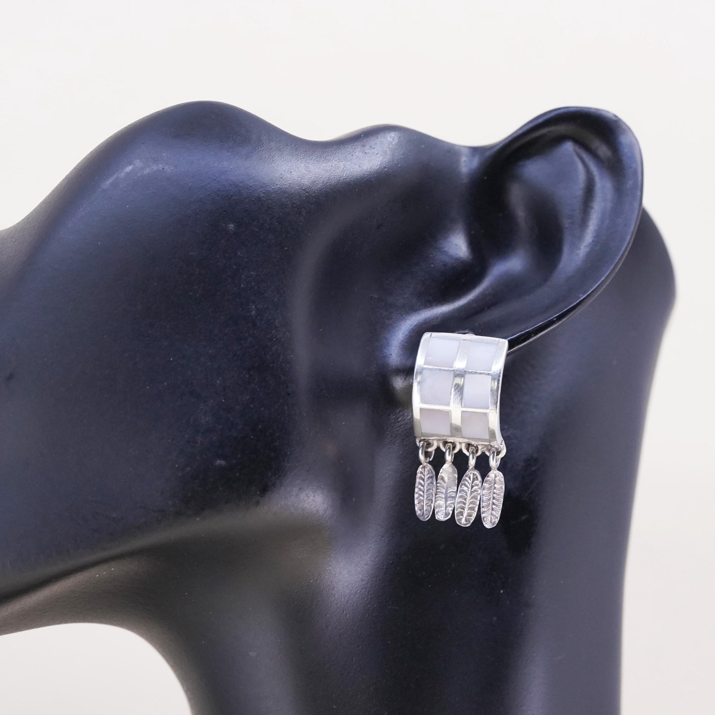 Mexican sterling silver single earring, 925 clip on w/ mother of pearl feather