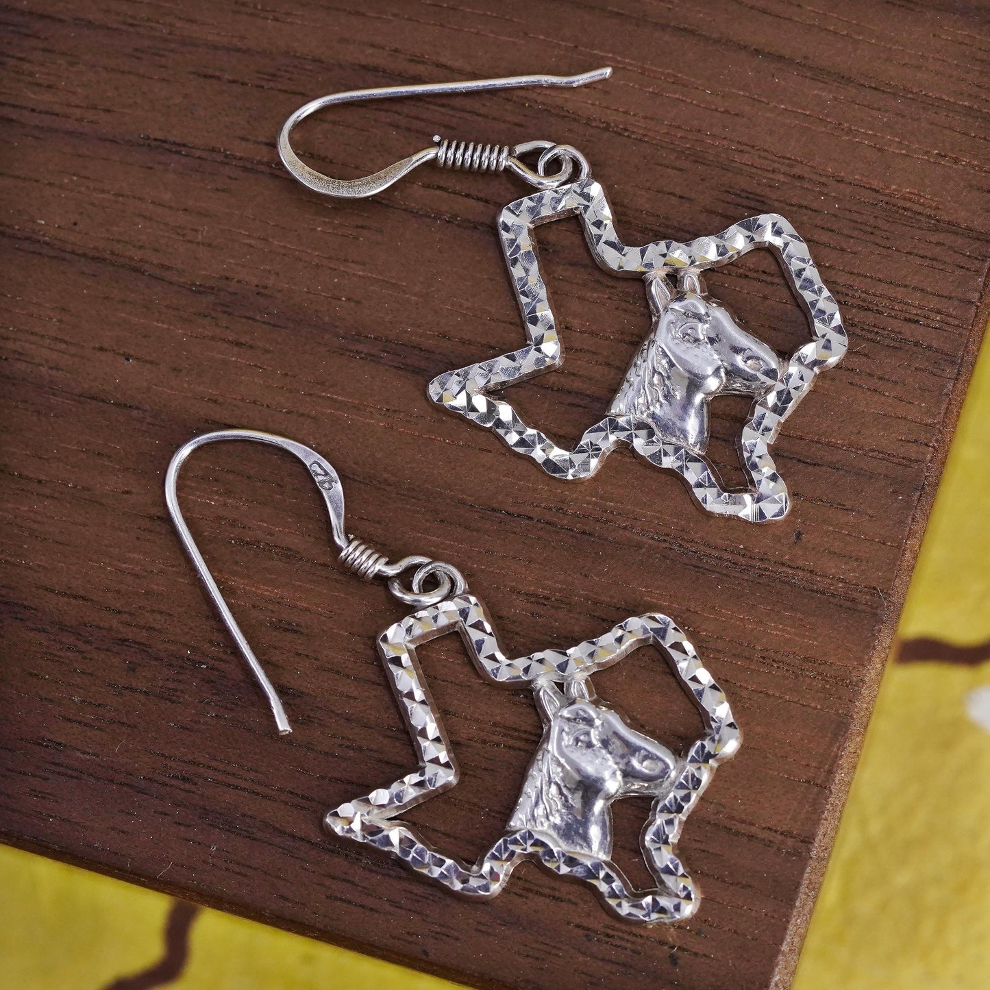 Vintage Sterling 925 silver handmade textured Texas state map earrings horse