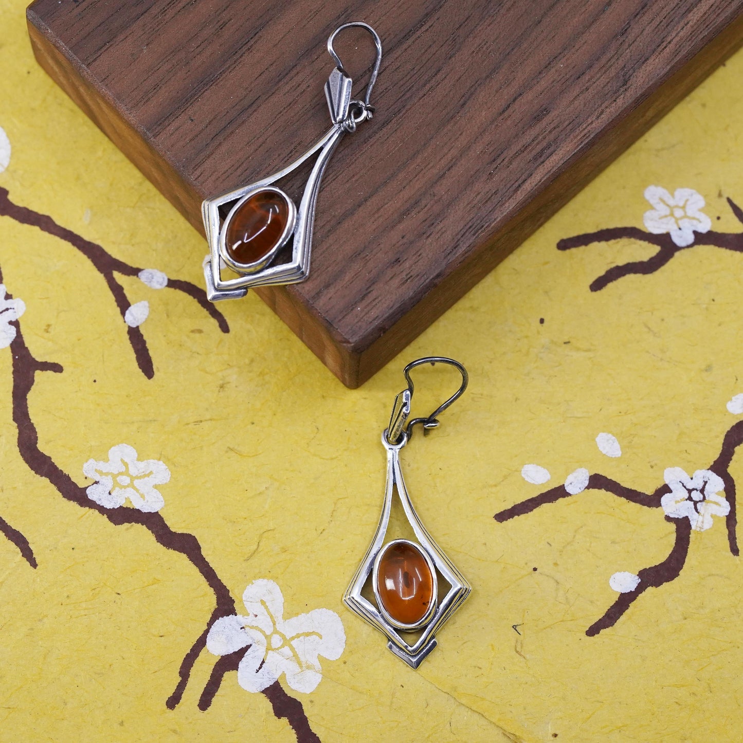 Vintage Sterling 925 silver handmade earrings with oval amber dangle