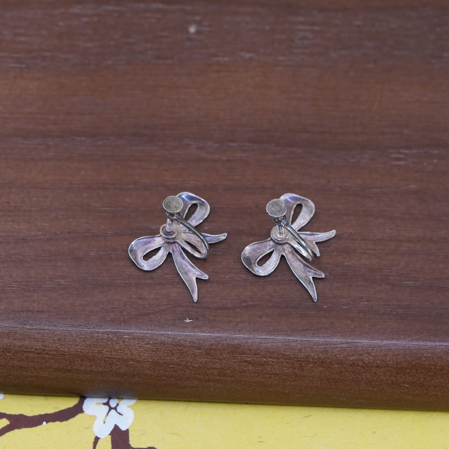 Vintage Sterling silver handmade screw back earrings, 925 ribbon bow