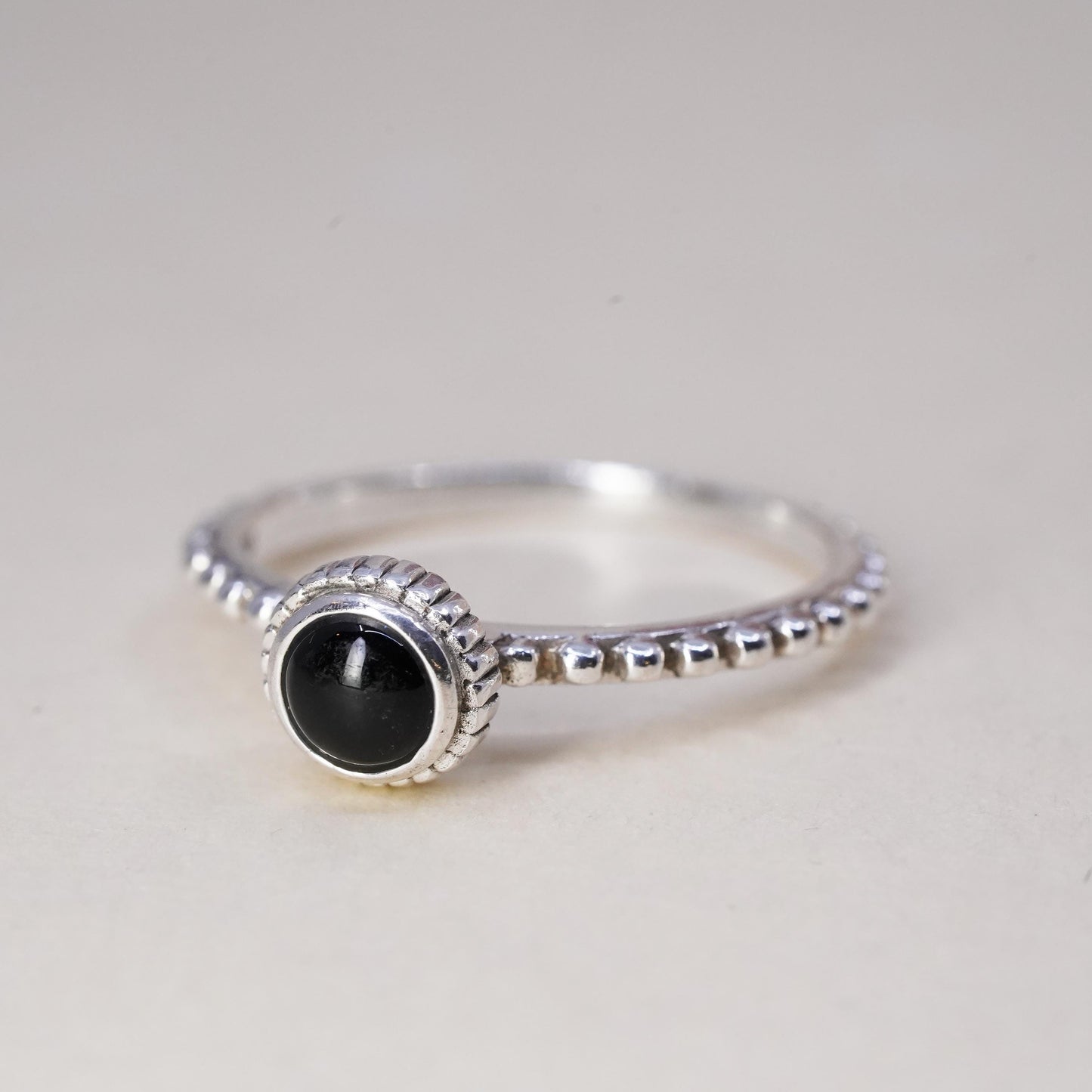Size 8, Vintage sterling 925 silver handmade ring, stackable band with onyx