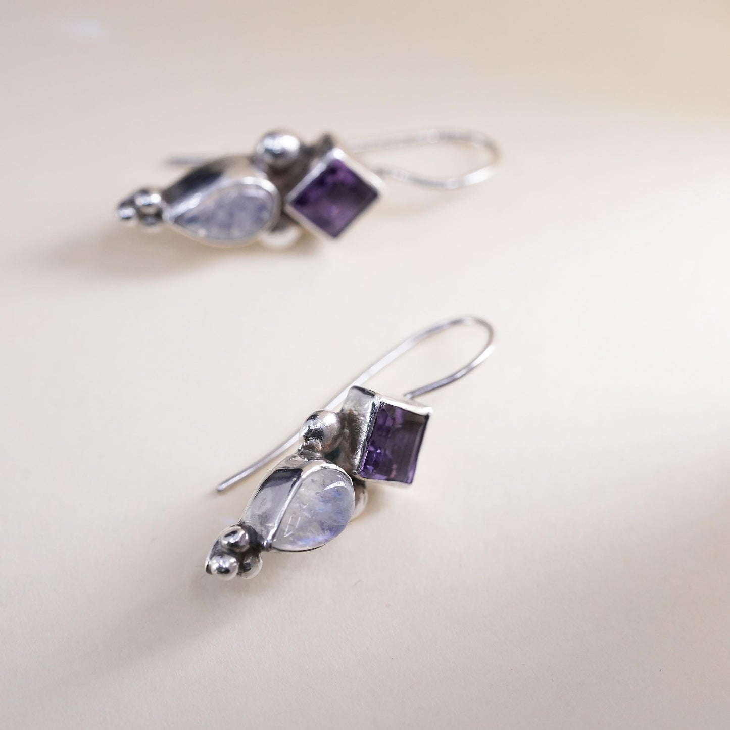 Vintage Sterling 925 silver handmade earrings with amethyst and moonstone