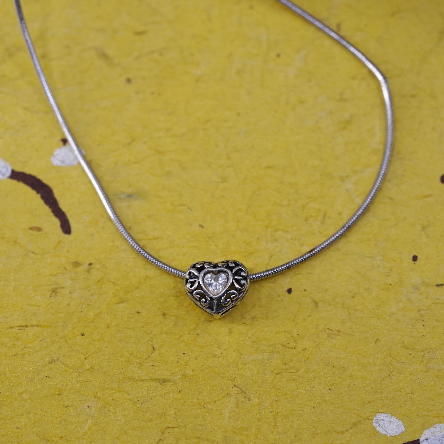18", 1mm, vintage Sterling silver necklace, 925 snake chain w/ cz heart pendant
