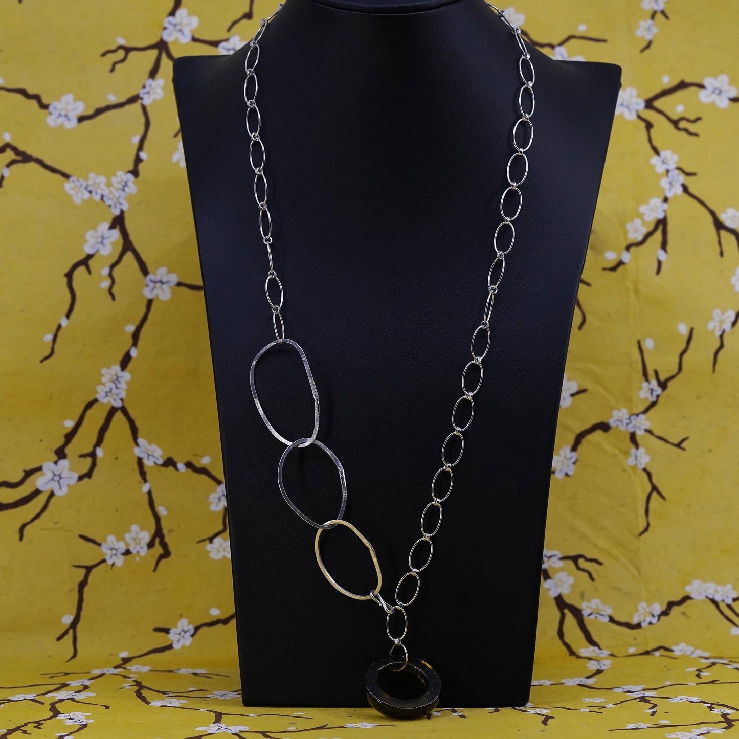 24", Sterling silver sweater necklace, 925 oval chain yellow glass pendant
