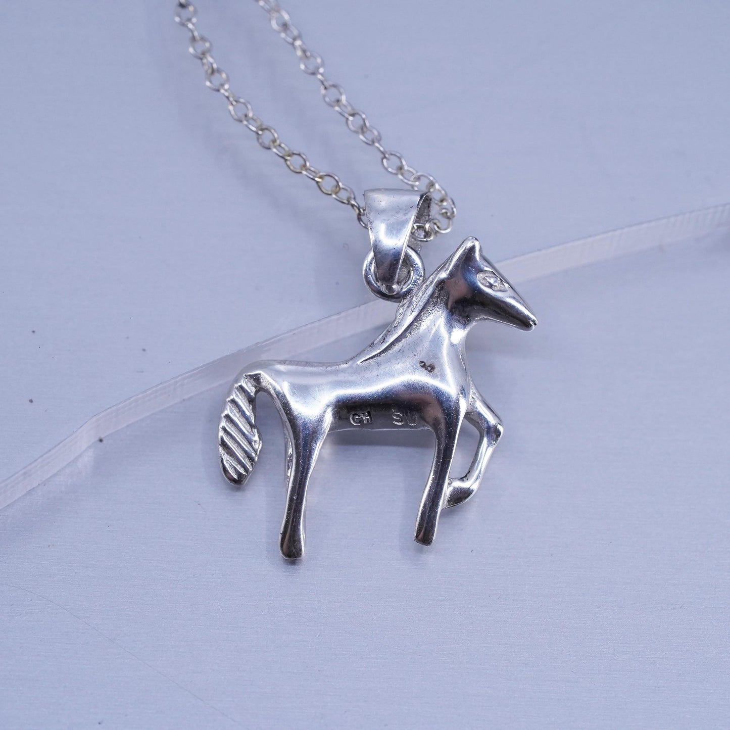 18”, vintage Sterling 925 silver twisted curb necklace with heart horse pendant