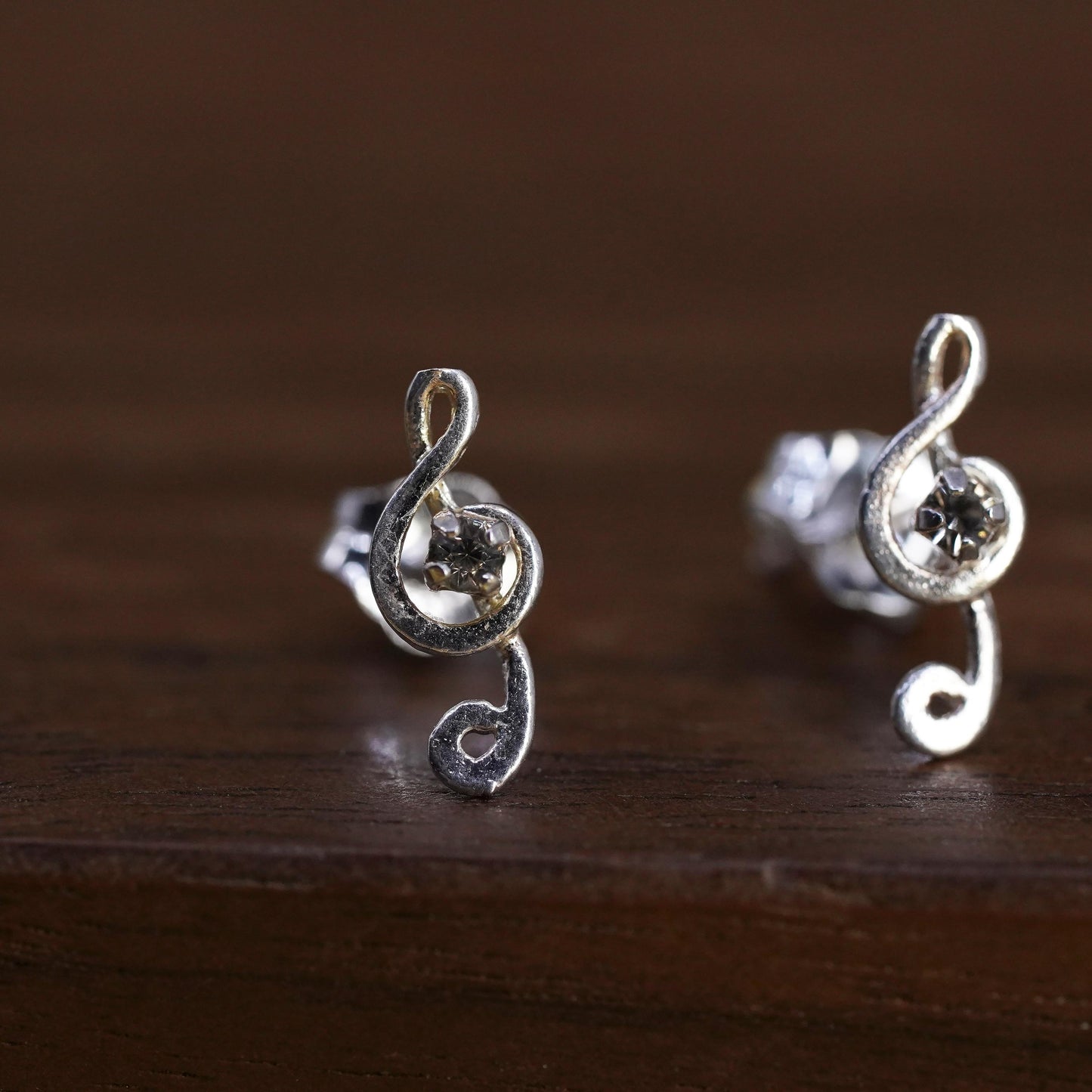 Vintage Sterling silver handmade earrings, 925 music note studs with cz
