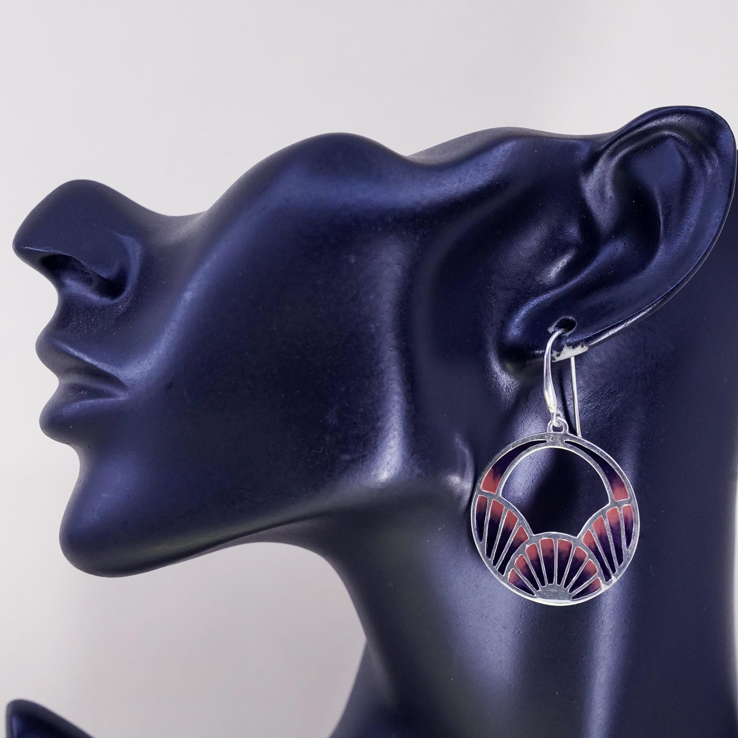 Vintage sterling silver handmade earrings, 925 abstract circle with pink enamel