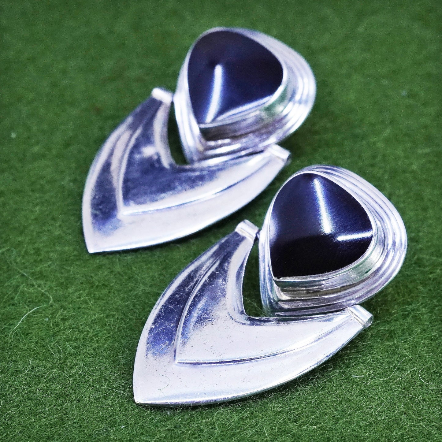 sterling 925 silver earrings, teardrop shaped black onyx, handmade southwestern