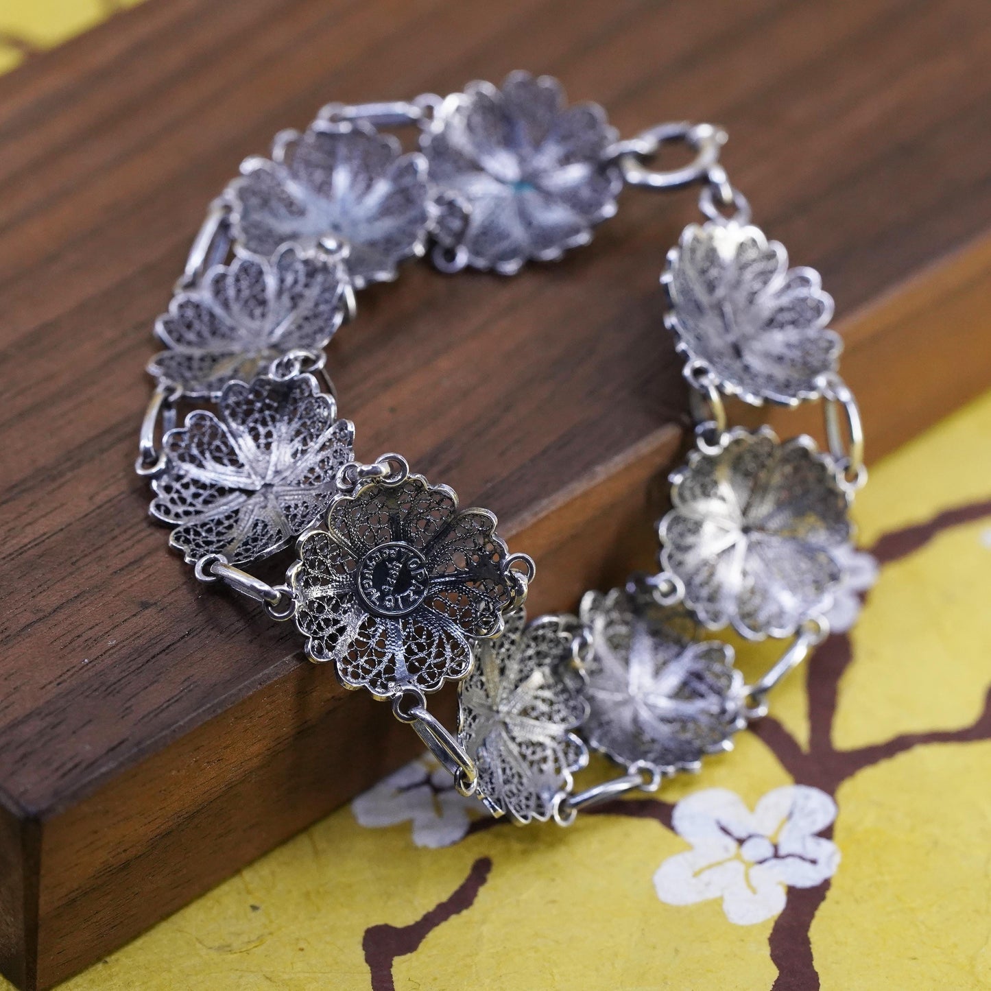 7.5", vintage Sterling silver handmade bracelet, 925 filigree flower chain