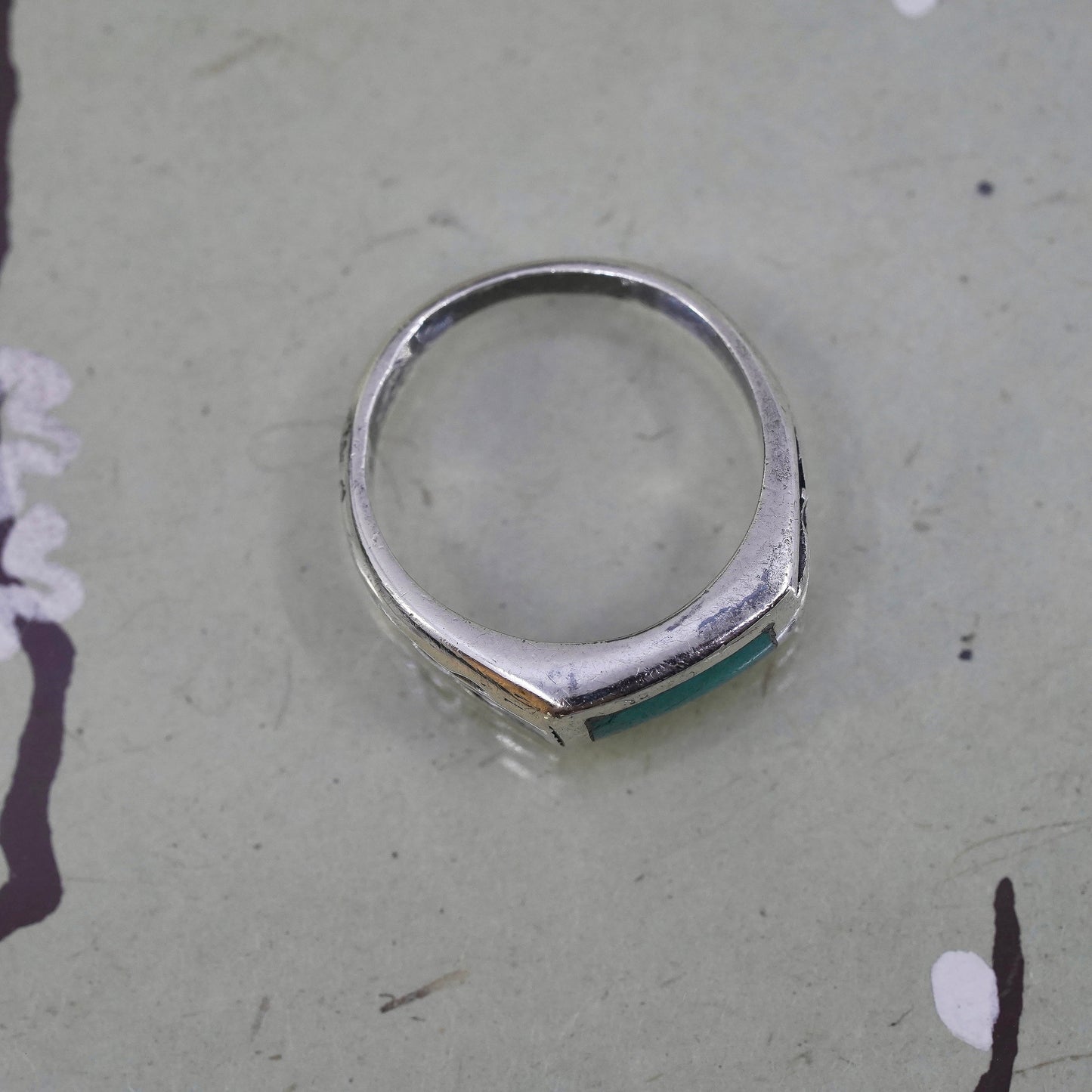Size 10.25, Sterling silver handmade ring, 925 band with turquoise inlay, Zuni
