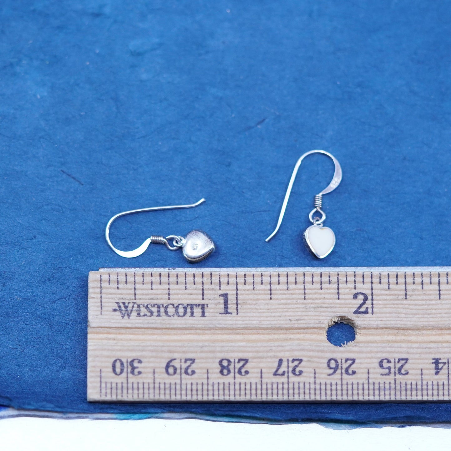 Sterling silver handmade earrings, 925 heart drops pink mother of pearl inlay