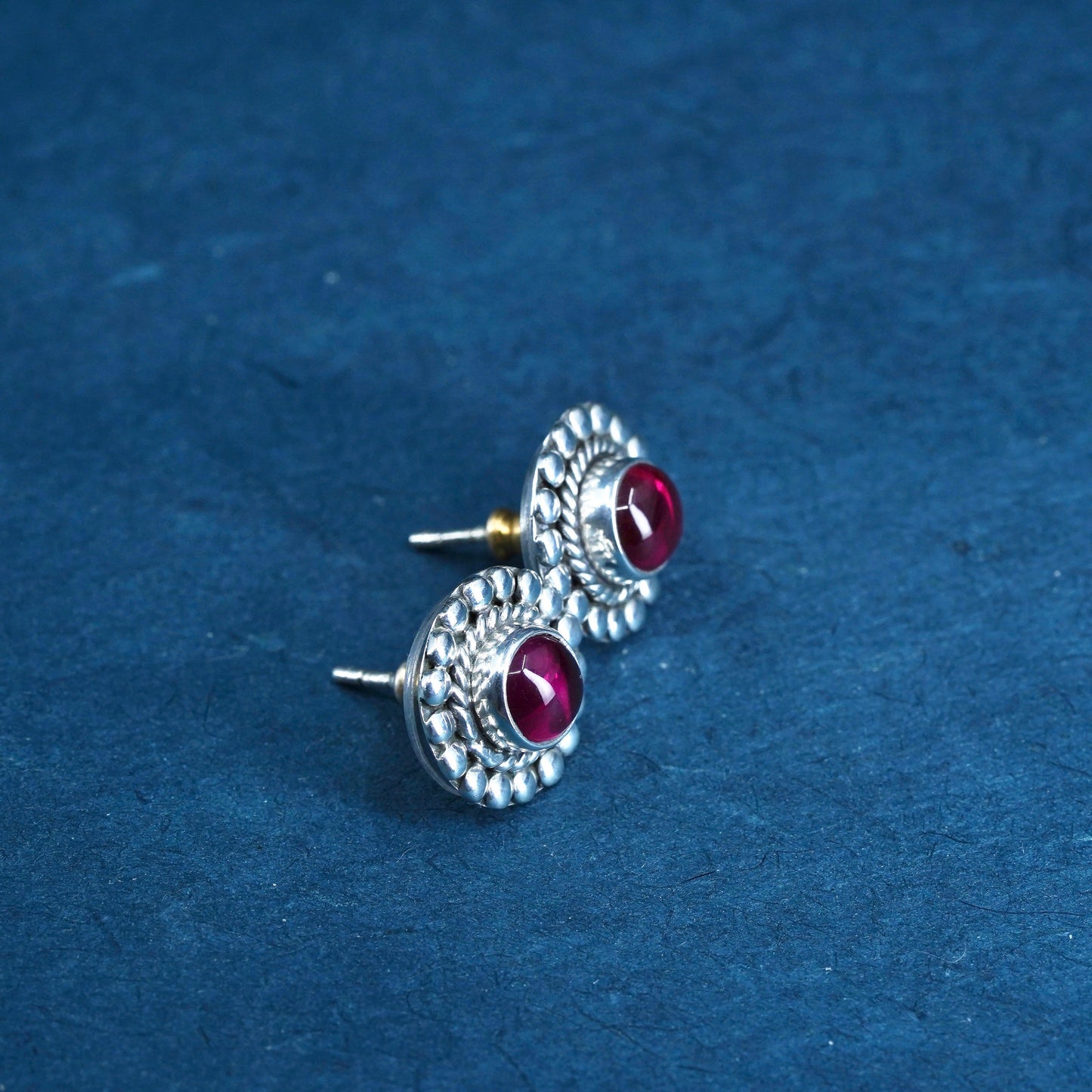 Vintage sterling silver handmade earrings, 925 studs with garnet